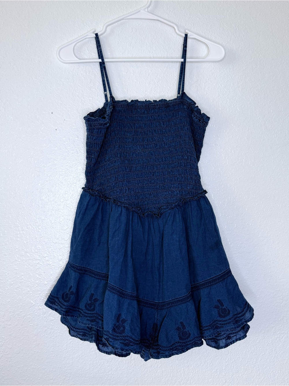 American Eagle Chambray Embroidered Ruffle Smocked Shorts Romper Dress Medium